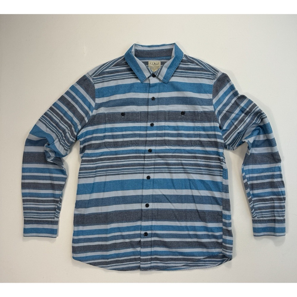 LL Bean Slightly Fitted Flannel Shirt Mens Medium Blue Striped Button Up Outdoor